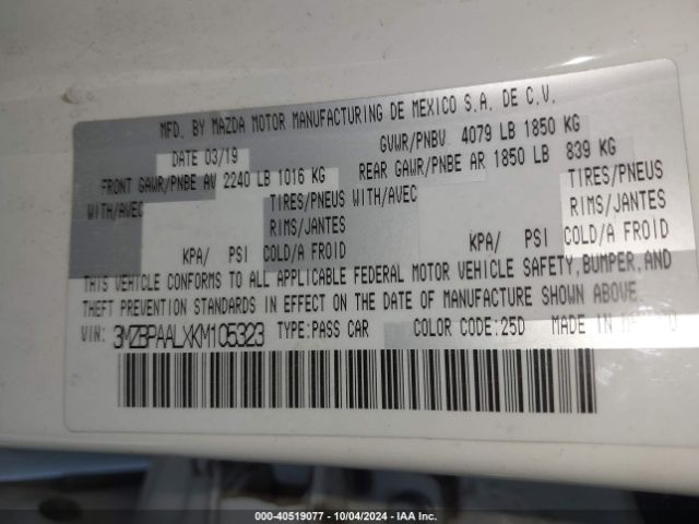 3MZBPAALXKM105323 Mazda Mazda3 Select Package