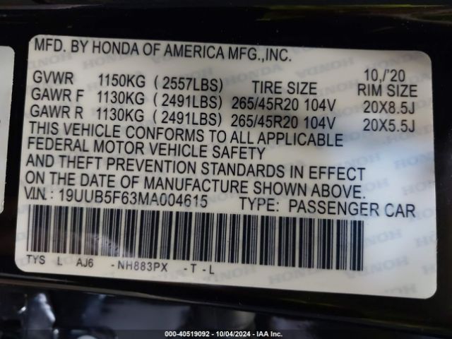 19UUB5F63MA004615 Acura Tlx Advance Package