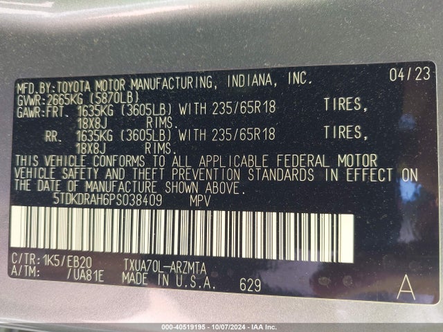Toyota Highlander Xle 2023 5TDKDRAH6PS038409 Image 9