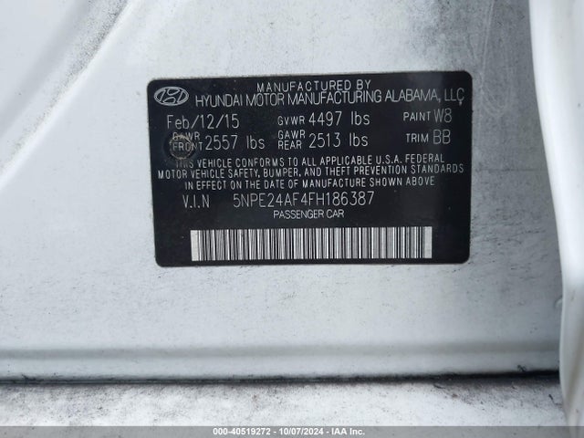 Hyundai SONATA SE 2015 5NPE24AF4FH186387 Image 9