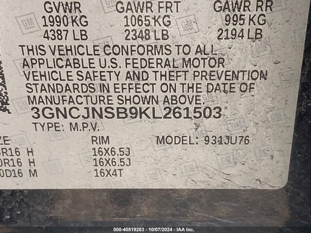 Chevrolet TRAX LS 2019 3GNCJNSB9KL261503 Image 9