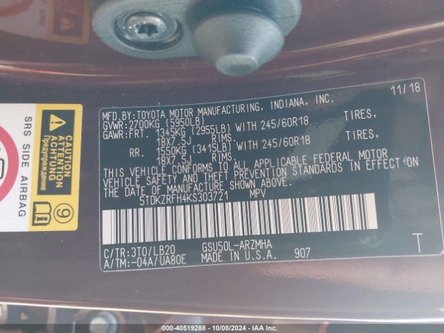 5TDKZRFH4KS303721 Toyota Highlander Xle