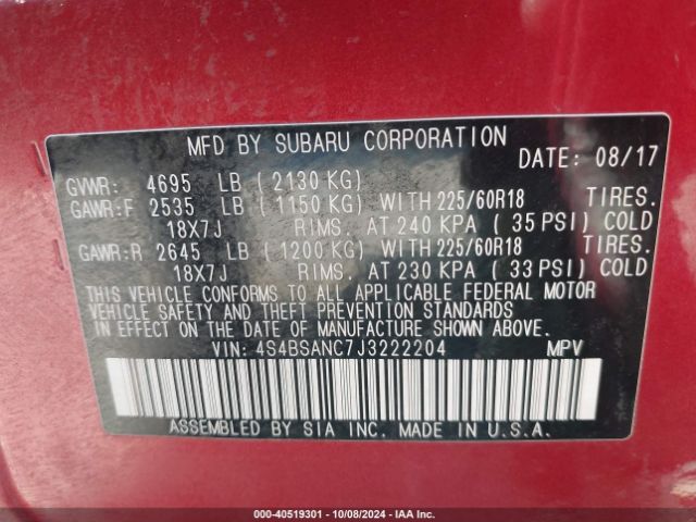 4S4BSANC7J3222204 Subaru Outback 2.5i Limited