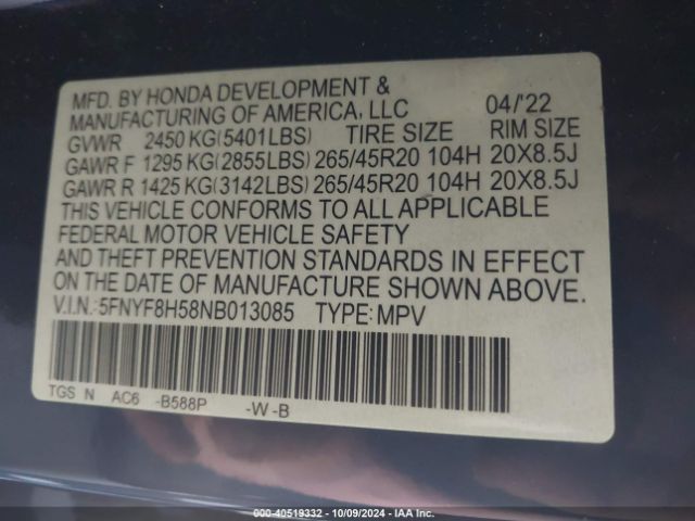5FNYF8H58NB013085 Honda Passport Awd Ex-l
