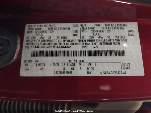 Ford ESCAPE SE 2021 1FMCU9G66MUA86652 Image 9