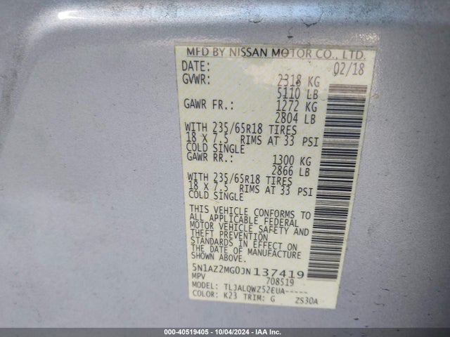 Nissan MURANO SV 2018 5N1AZ2MG0JN137419 Image 9