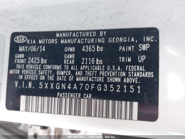 5XXGN4A70FG352151 KIA OPTIMA EX