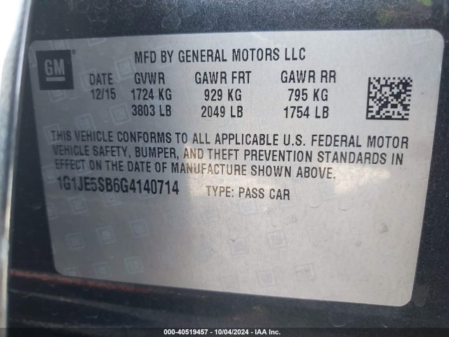 Chevrolet Sonic Ltz Auto 2016 1G1JE5SB6G4140714 Image 9