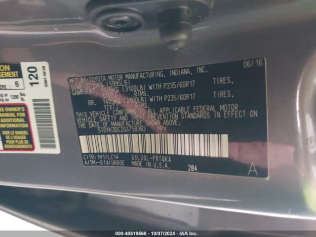 5TDYK3DC2GS758383 Toyota Sienna Xle Premium 8 Passenger
