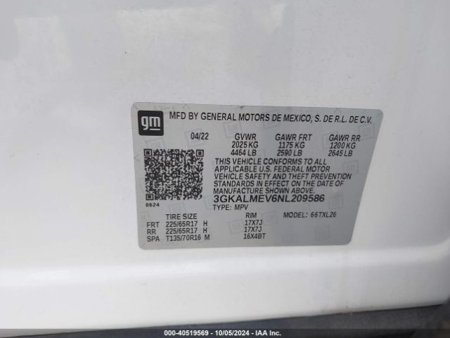 3GKALMEV6NL209586 GMC Terrain Fwd Sle