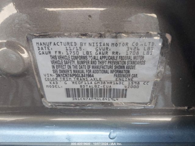 3N1CN7AP9GL841964 Nissan Versa 1.6 S/1.6 S+/1.6 Sl/1.6 Sv