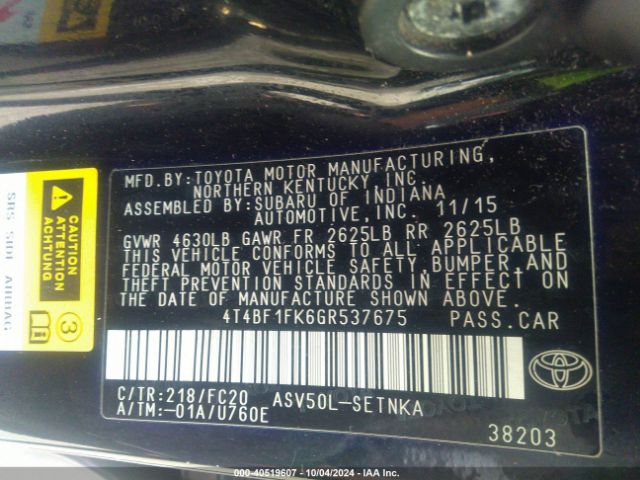 4T4BF1FK6GR537675 Toyota CAMRY LE