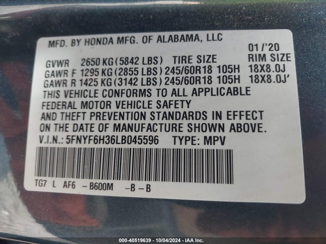 Honda Pilot Awd Ex 2020 5FNYF6H36LB045596 Image 9