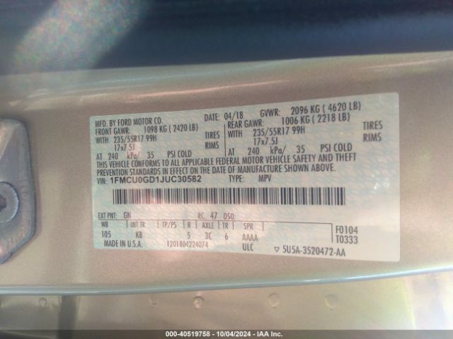 1FMCU0GD1JUC30582 Ford ESCAPE SE