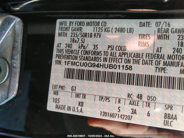 Ford ESCAPE SE 2017 1FMCU0G94HUB01158 Image 9