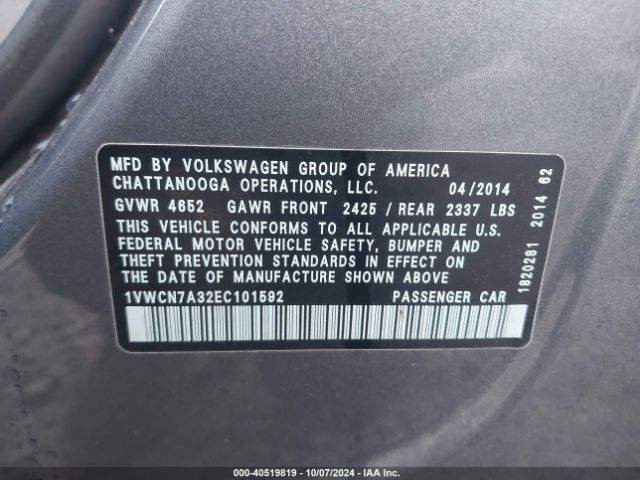 1VWCN7A32EC101592 Volkswagen Passat 2.0l Tdi Sel Premium