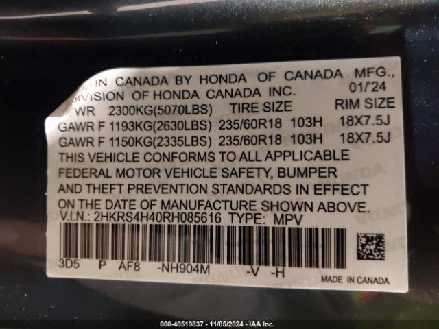 2HKRS4H40RH423080 Honda Cr-v Ex Awd