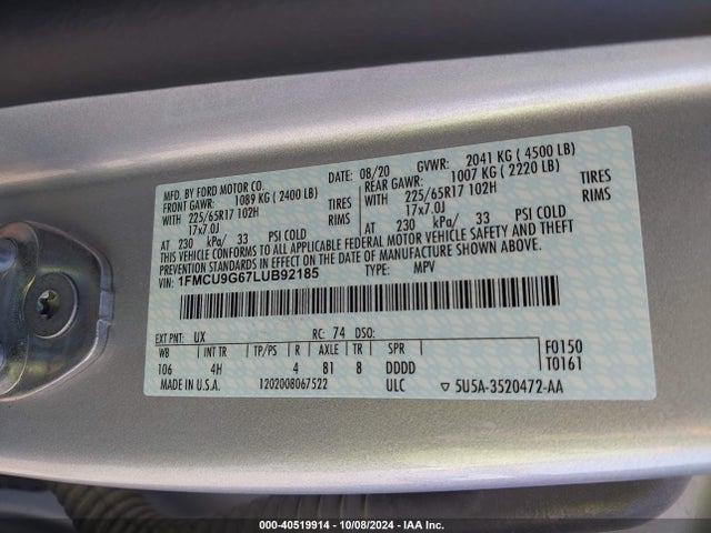 Ford ESCAPE SE 2020 1FMCU9G67LUB92185 Image 9