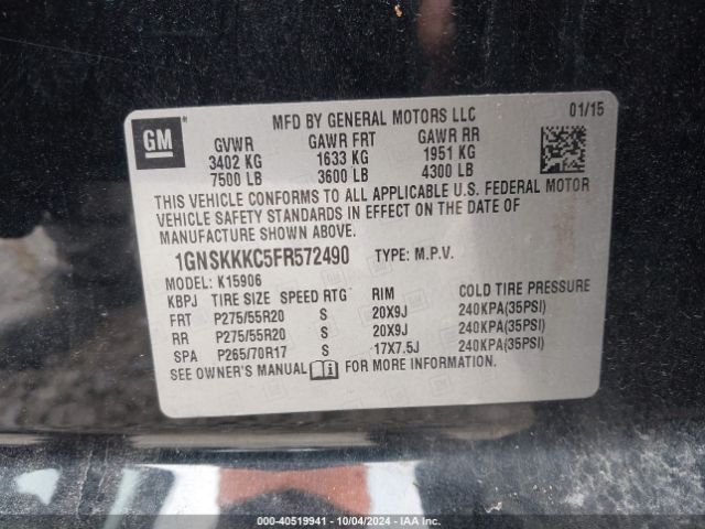 1GNSKKKC5FR572490 Chevrolet Suburban 1500 Ltz