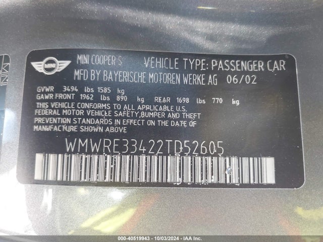 2002 MINI COOPER S WMWRE33422TD52605 Photo 8