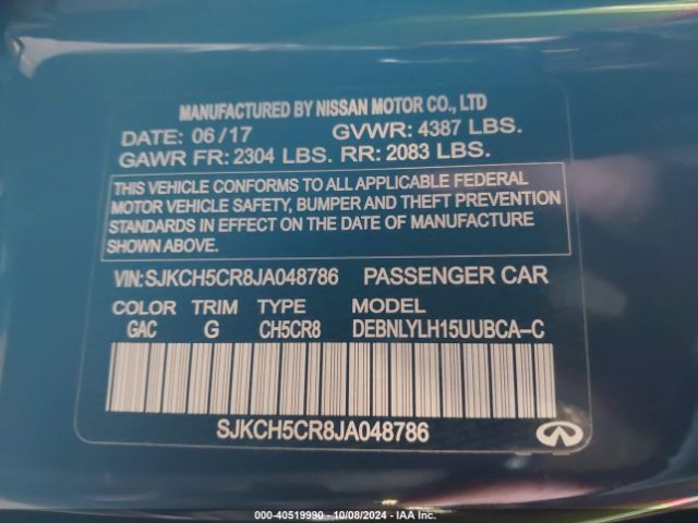 SJKCH5CR8JA048786 Infiniti Qx30 Premium