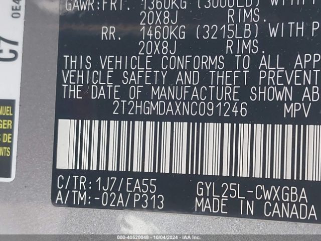 2T2HGMDAXNC091246 Lexus RX 450H