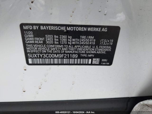 5UXTY3C00M9F21189 BMW X3 Sdrive30i