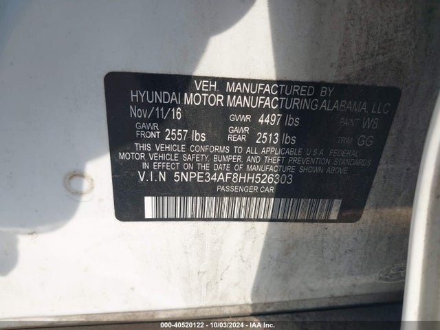 Hyundai Sonata Limited 2017 5NPE34AF8HH526303 Image 9