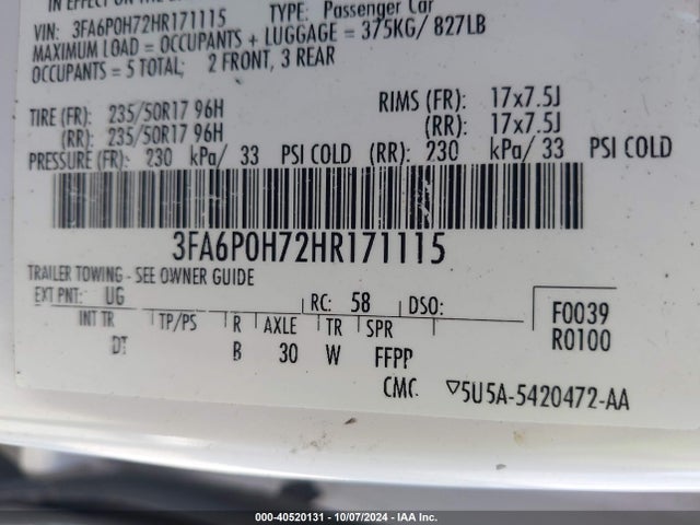 Ford FUSION SE 2017 3FA6P0H72HR171115 Image 9