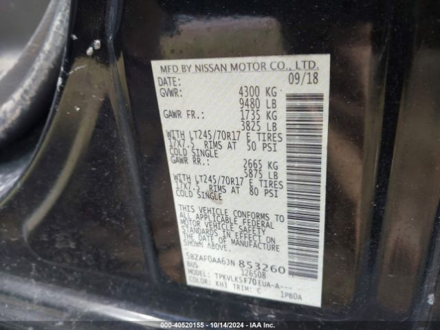 5BZAF0AA6JN853260 Nissan Nv Passenger Nv3500 Hd Sl V8