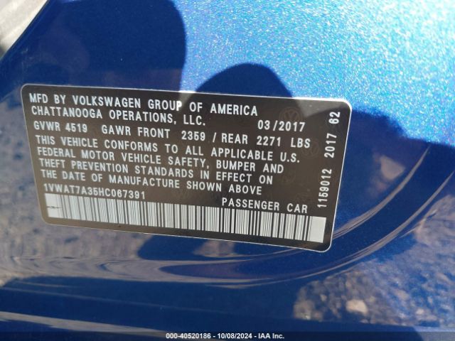 1VWAT7A35HC067391 Volkswagen Passat 1.8t S