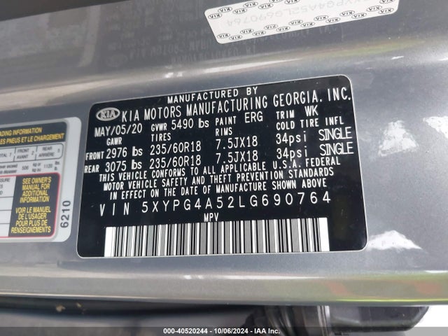 5XYPG4A52LG690764 KIA Sorento 3.3l Lx