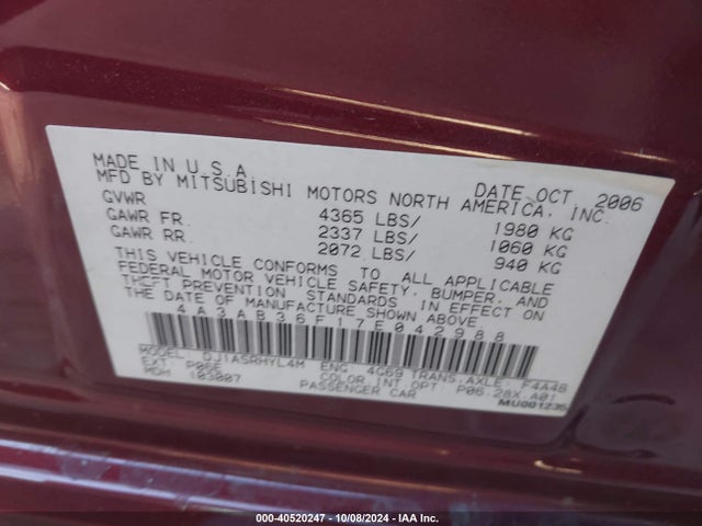 2007 MITSUBISHI GALANT 4A3AB36F17E042988 Photo 8