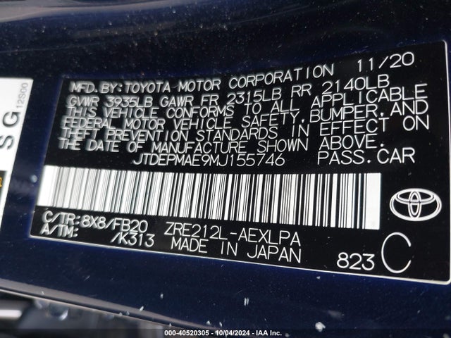 Toyota COROLLA LE 2021 JTDEPMAE9MJ155746 Image 9