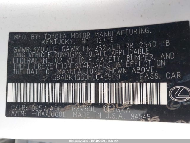 58ABK1GG0HU049509 Lexus 2gr-fe
