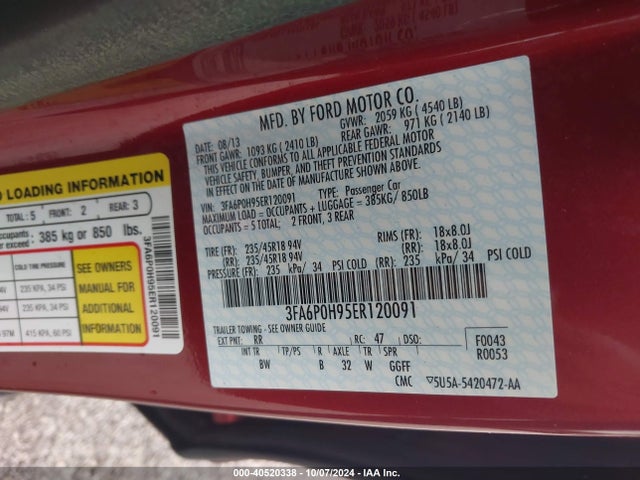 Ford FUSION SE 2014 3FA6P0H95ER120091 Image 9