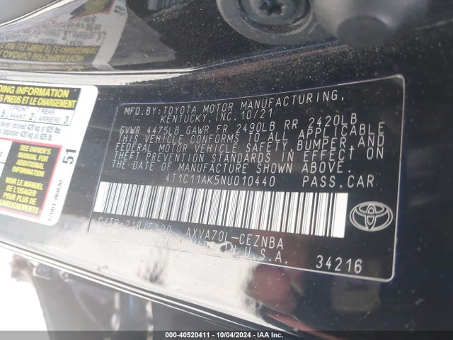 40520411 :رقم المزاد ، 4T1C11AK5NU010440 vin ، 2022 Toyota Camry Le مزاد بيع