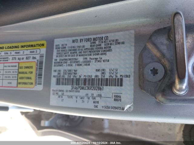 3FA6P0MU3KR202861 Ford Fusion Hybrid Sel