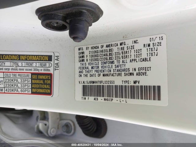 Honda Cr-v Ex-l 2015 5J6RM4H79FL032550 Image 9