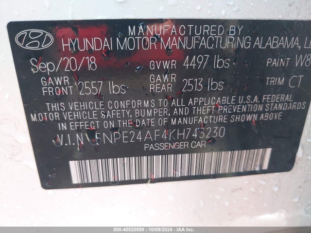 Hyundai SONATA SE 2019 5NPE24AF4KH743230 Image 9