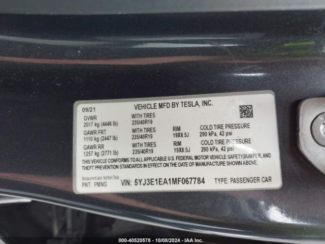5YJ3E1EA1MF067784 Tesla Model 3 Standard Range Plus Rear-wheel Drive
