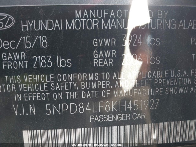 Hyundai Elantra Limited 2019 5NPD84LF8KH451927 Image 9
