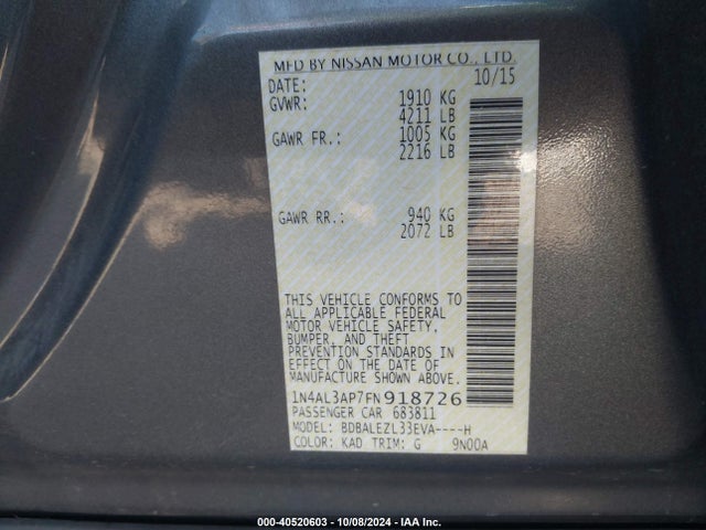 Nissan Altima 2.5 S 2015 1N4AL3AP7FN918726 Image 9
