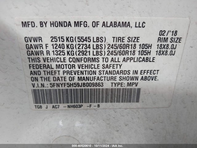 Honda Pilot Ex-l 2018 5FNYF5H59JB009863 Image 9