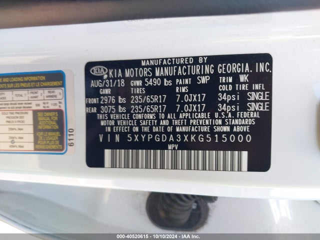 KIA Sorento 2.4l Lx 2019 5XYPGDA3XKG515000 Image 9