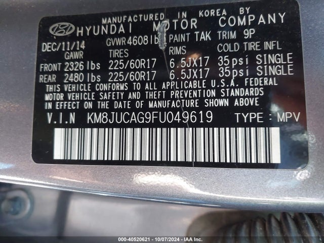 Hyundai TUCSON SE 2015 KM8JUCAG9FU049619 Image 9