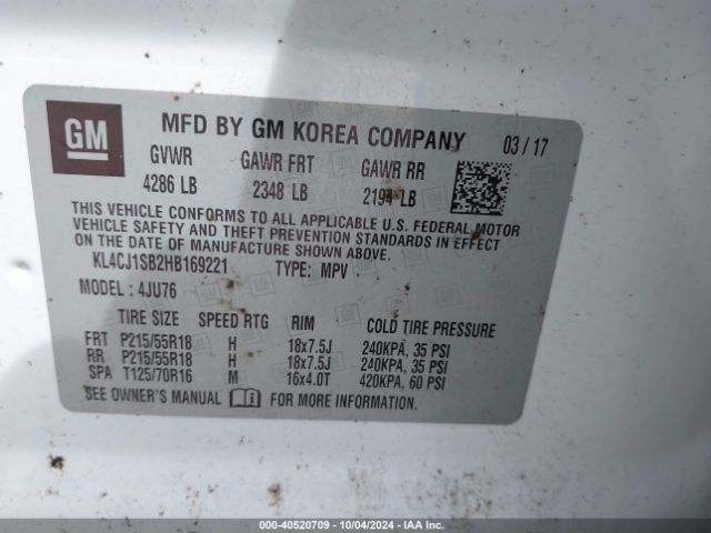 KL4CJ1SB2HB169221 Buick Encore Sport Touring