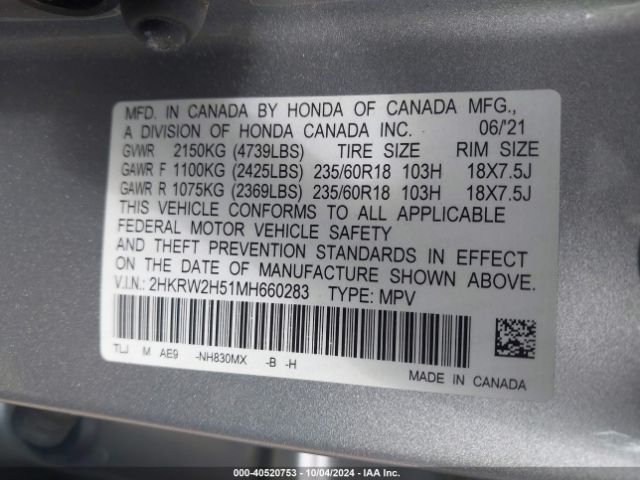 2HKRW2H51MH660283 Honda Cr-v Awd Ex