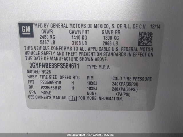 3GYFNBE38FS584671 Cadillac Srx Luxury Collection