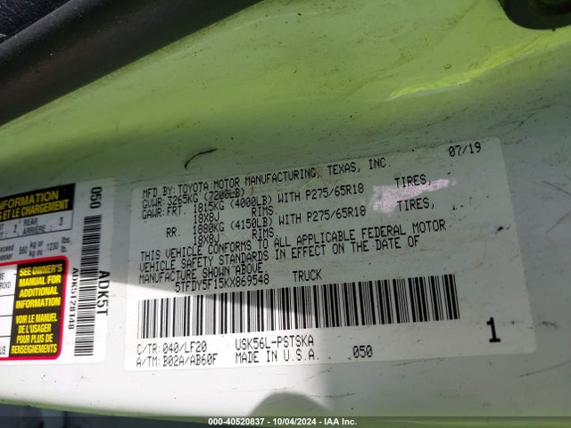 5TFDY5F15KX869548 Toyota Tundra Trd Pro 5.7l V8